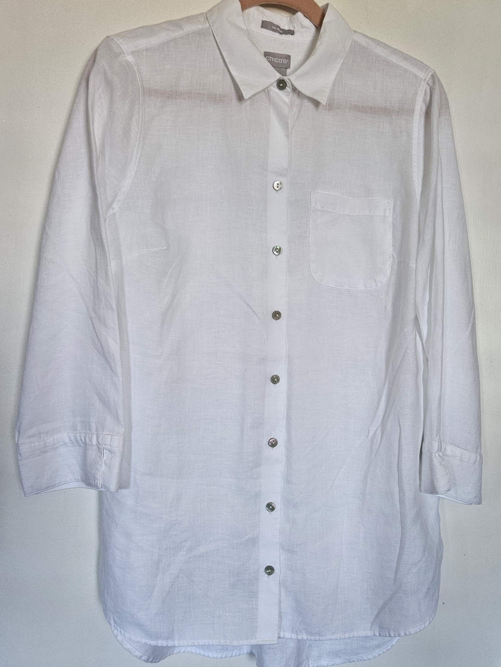 Chico's White Button-Down Linen-Blend Shirt 3/4 Sleeves